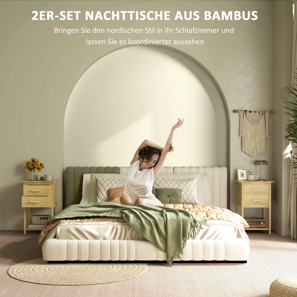 HOMCOM Szafka nocna, zestaw 2 sztuk, design skandynawski, z bambusa, 2 szuflady i półka, 40x34x60cm