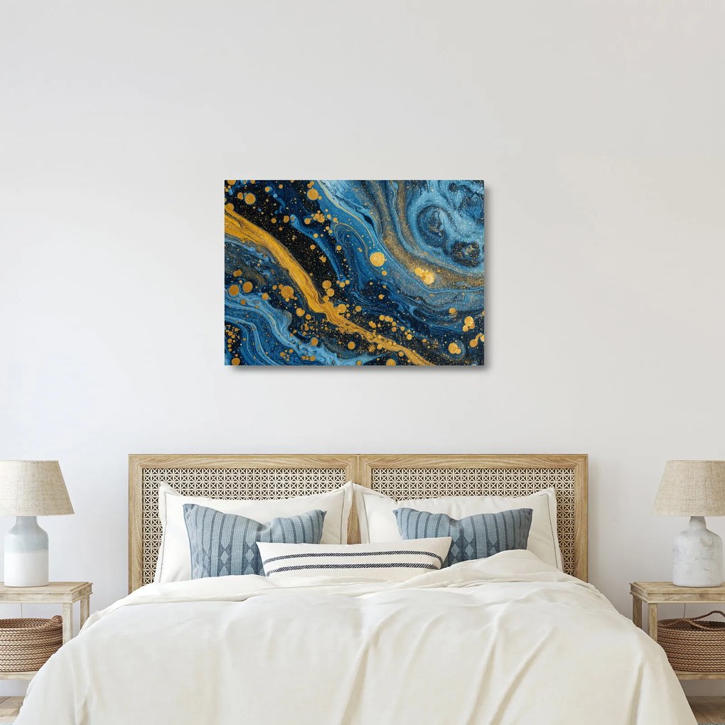 Obraz na szkle - Niebieska abstrakcja ze złotem (70x50 cm)