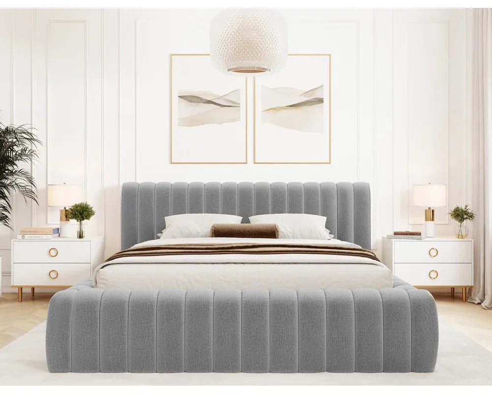 Jasnoszare tapicerowane łóżko dwuosobowe ze schowkiem ze stelażem 140x200 cm Carilla – ELTAP