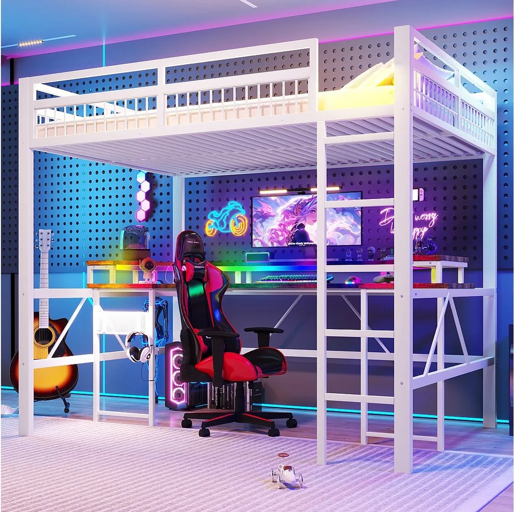 Łóżko piętrowe dla dzieci - 140 x 200 cm - rama żelazna - z diodami LED + biurko + port USB + gniazdko elektryczne - metalowe - białe