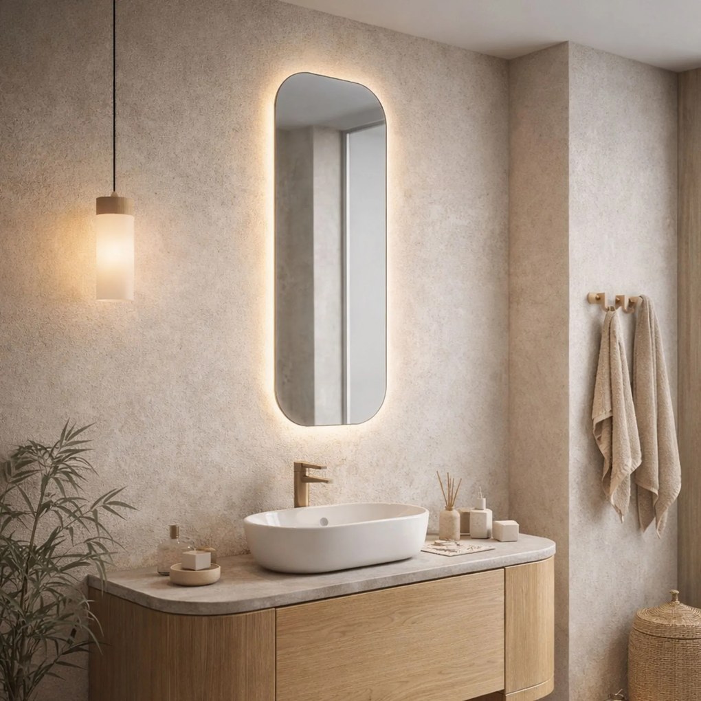 Lustro prostokątne bez ramy oszlifowane obracalne z podświetleniem ROUND Slim LED | Różne rozmiary | Różne kolory : Kolor tafli szkła - Srebrny, Rozmiar - 20 x 80 cm
