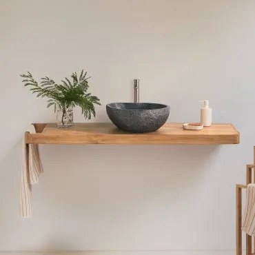 Zestaw Mebli Łazienkowych 130x45 Cm Wiszący Z Drewna Tekowego Neill Drewno Tekowe & Nieregularna Z Czarnego Cementu - Sklum