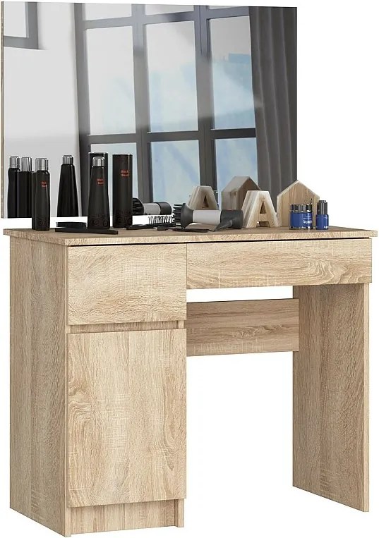 Toaletka AKORD P2 Dąb Sonoma 90 cm z lustrem 900x600 lewa 1 drzwi 2 szuflady kolor Dąb Sonoma mat 2 półki 90x50x142 cm