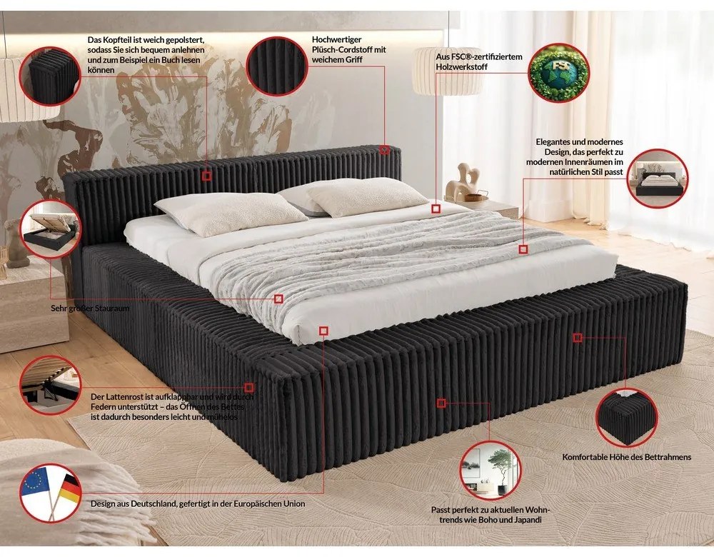 Czarne tapicerowane łóżko dwuosobowe ze schowkiem ze stelażem 160x200 cm Cloe – Ropez