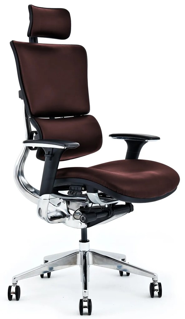 Wysokiej klasy fotel biurowy ergonomiczny Ergo 900 brązowy, tapicerowany skórą naturalną. Fotel biurowy skórzany.