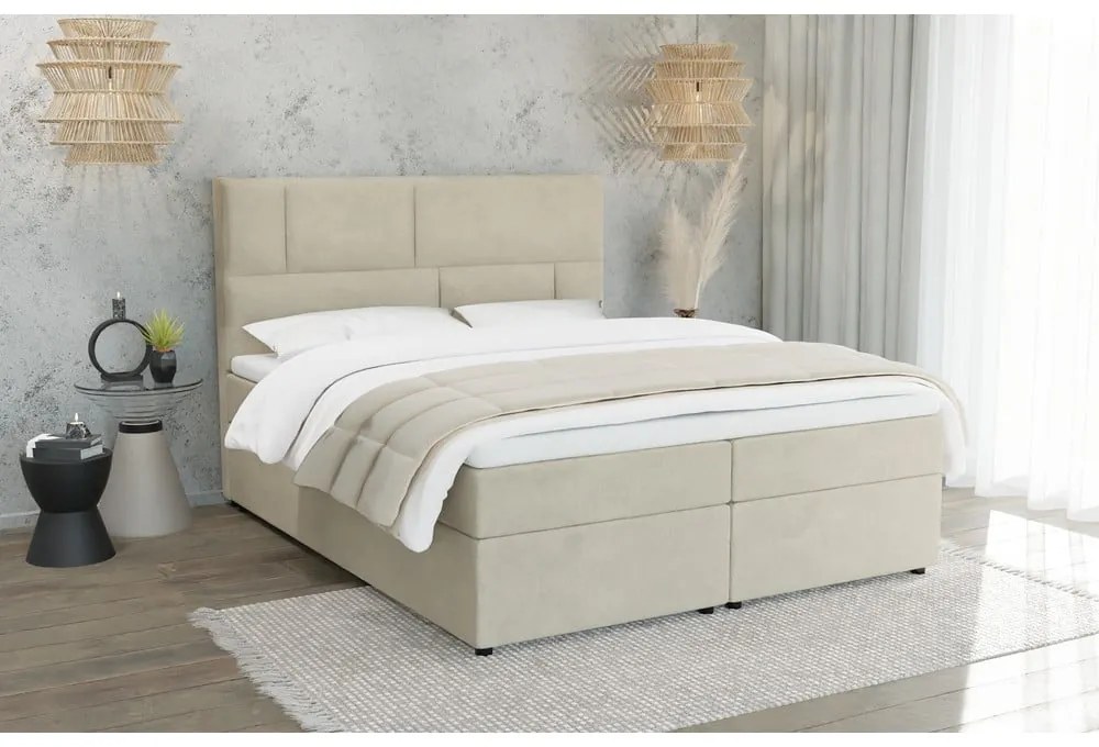 Beżowe łóżko boxspring ze schowkiem 200x200 cm Lola – Ropez