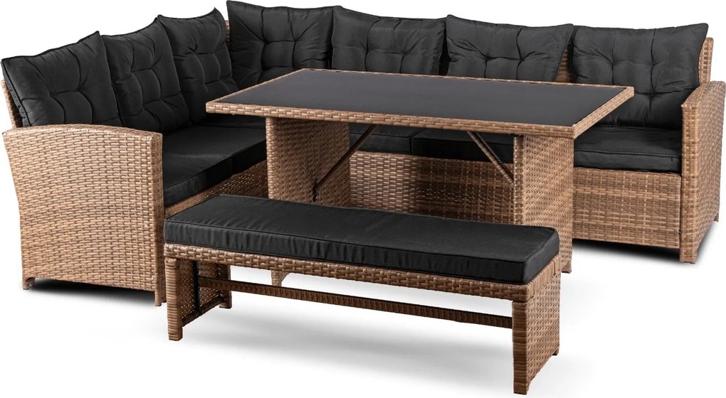 Narożnik ogrodowy technorattan Solvio ze stołem i ławką, jasnobrązowy, poduszki czarne