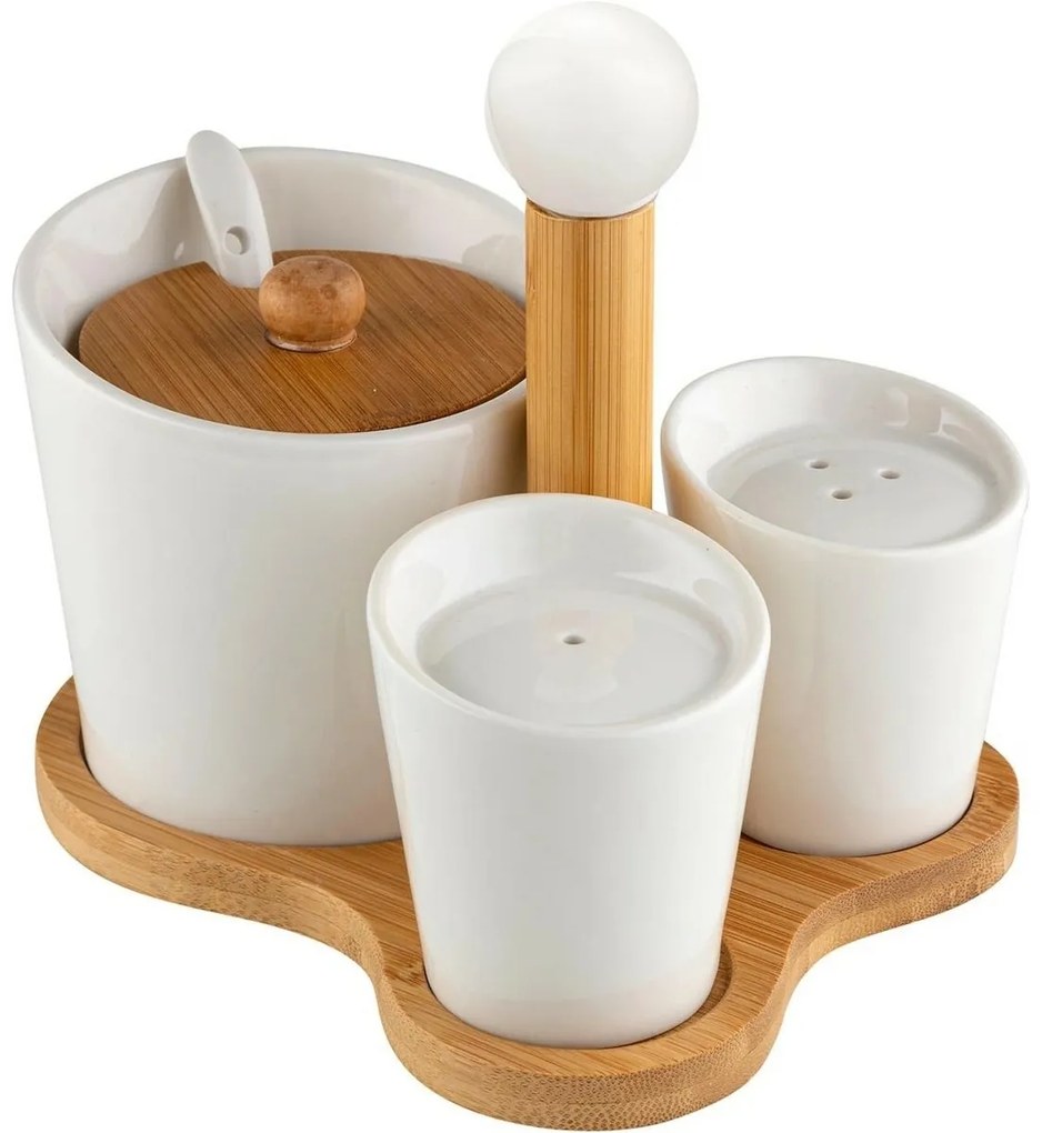 Florina Zestaw cukiernica, solniczka i pieprzniczka na bambusowej podstawce, Adria