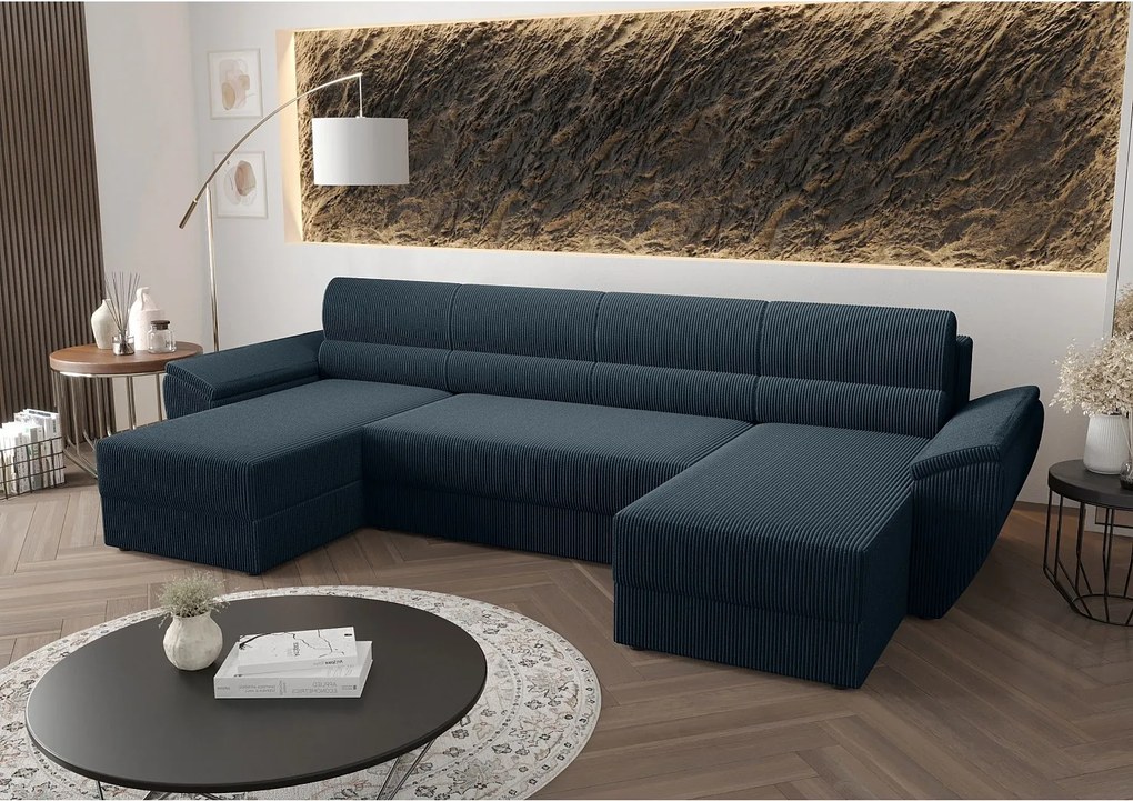 BEDANTE narożnik REBIU2 Poso 05 ciemnoniebieski z funkcją spania sofa w kształcie litery U z pojemnikiem na pościel