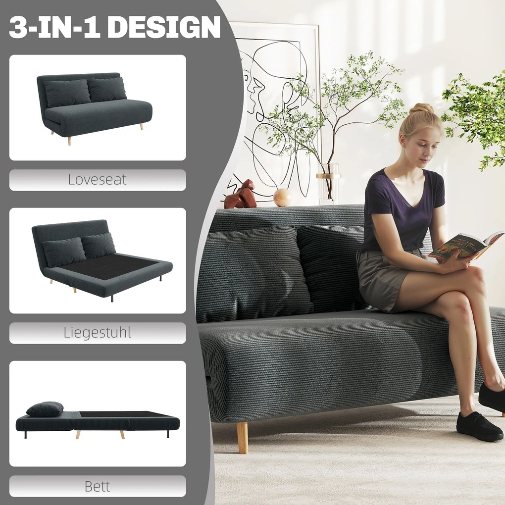 HOMCOM Sofa z funkcją spania, łóżko dla gości, 3-stopniowe regulowane oparcie, wygląd sztruksu, do 120 kg, 141 x 90 x 81 cm, Ciemnoszary