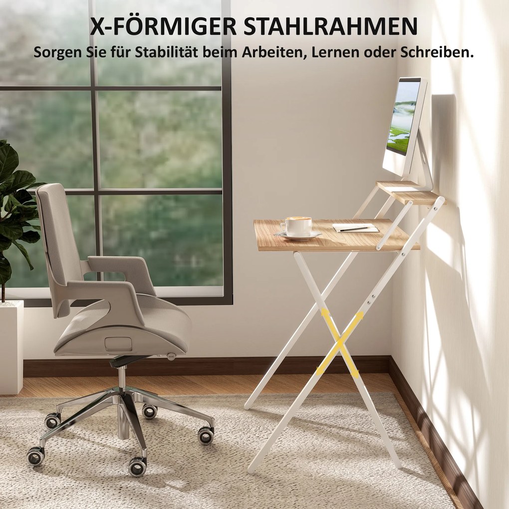 HOMCOM Biurko z podstawką pod monitor, 70 cm składane biurko komputerowe do home office, małe pomieszczenia, naturalne | Aosom PL
