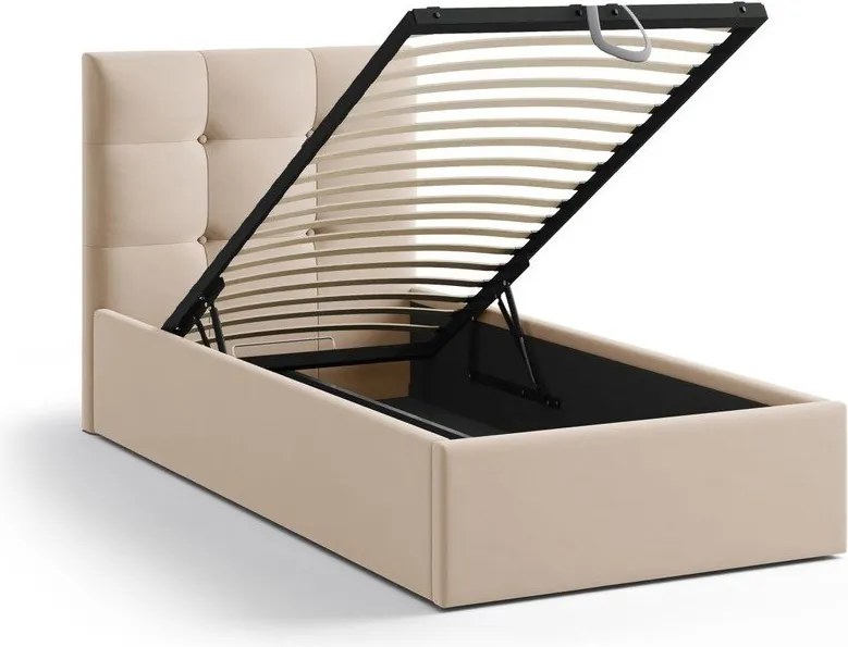 Jasnobrązowe tapicerowane łóżko jednoosobowe ze schowkiem ze stelażem 90x200 cm Phaedra – Micadoni