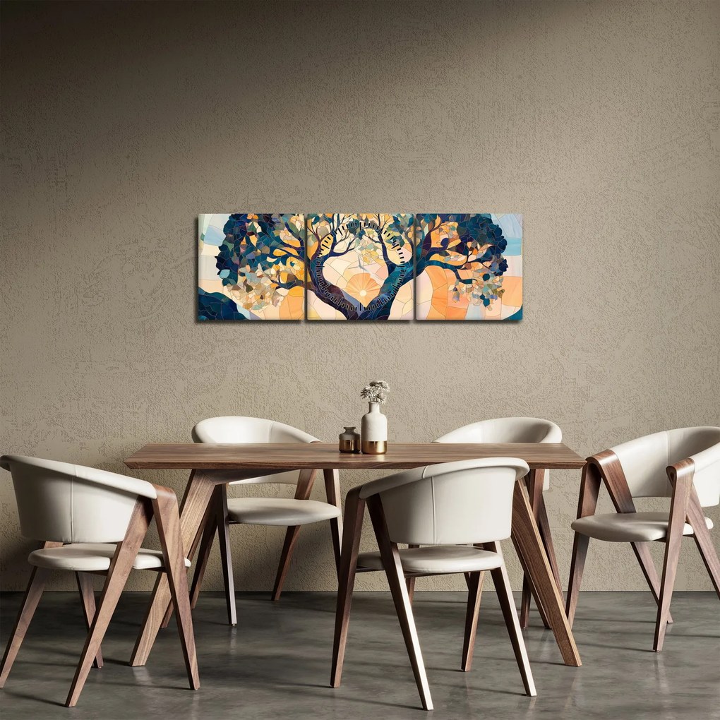 Obraz – Mozaika – słońce i drzewo II. (z zegarem) (90x30 cm)