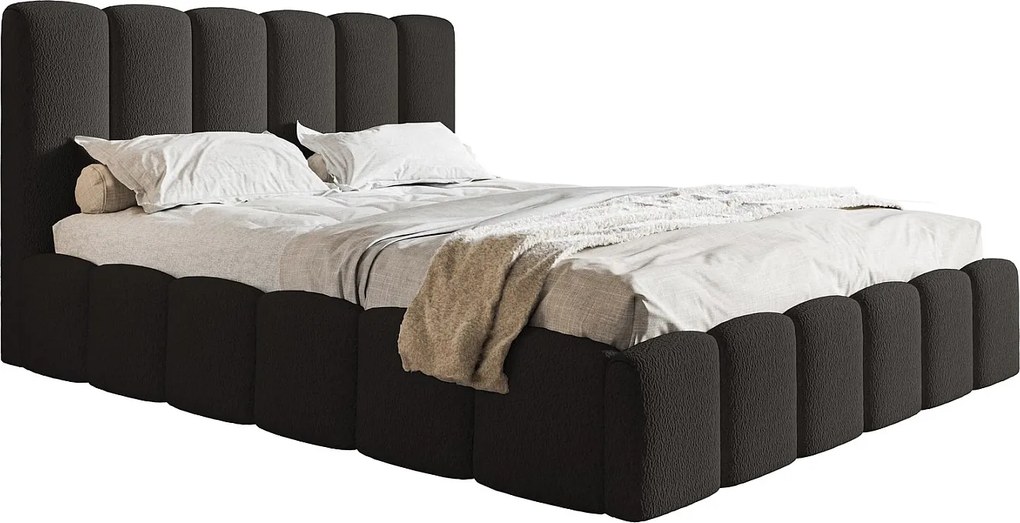 Łóżko dwuosobowe 160x200 Palermo - pojemnik i stelaż metalowy, tkanina boucle, czarny (Anthology 19)