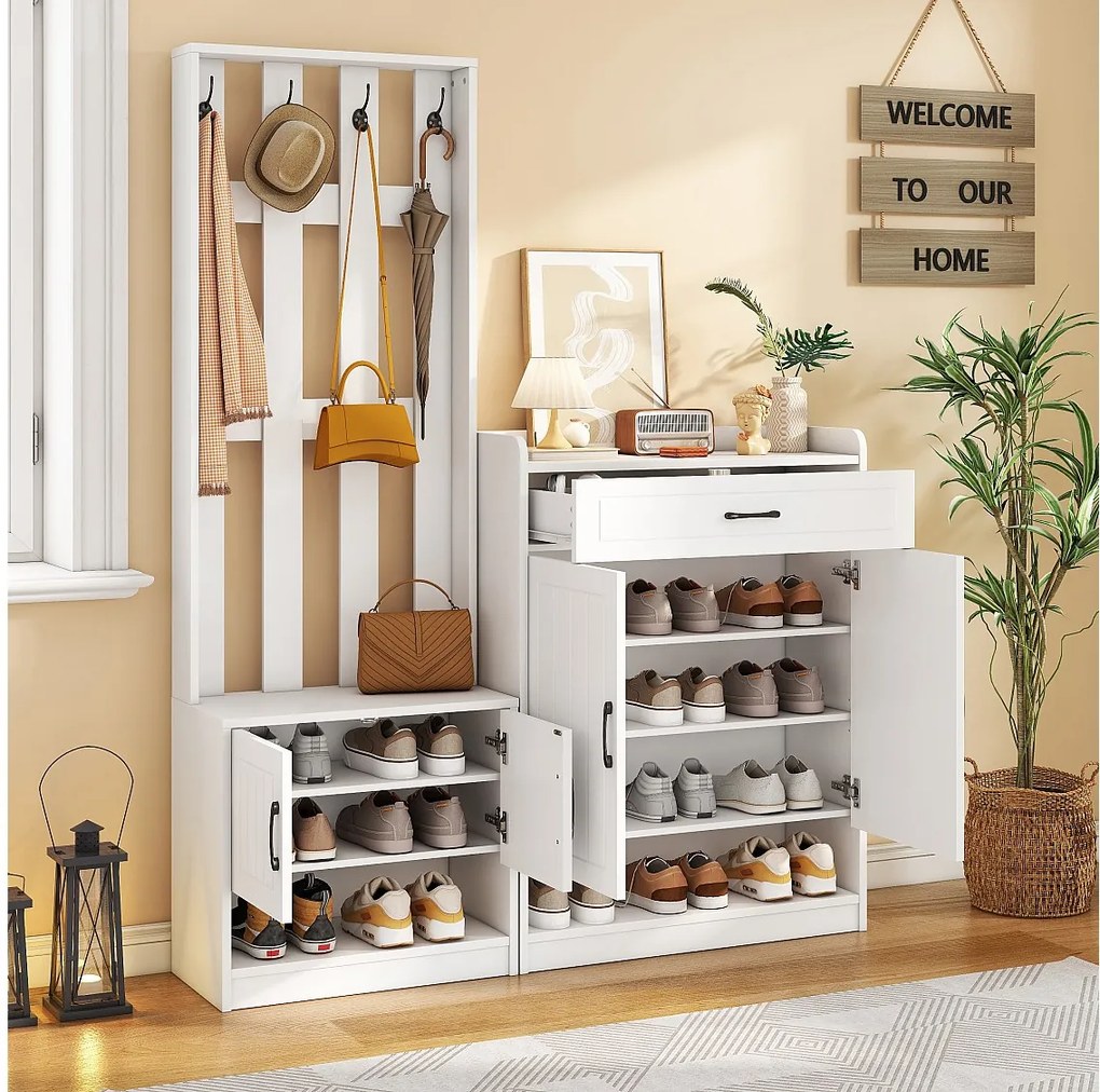 Zestaw mebli do przedpokoju - 140,6 x 32 x 180 cm - Szafa do przedpokoju + szafka na buty - Płyta wiórowa - Biały