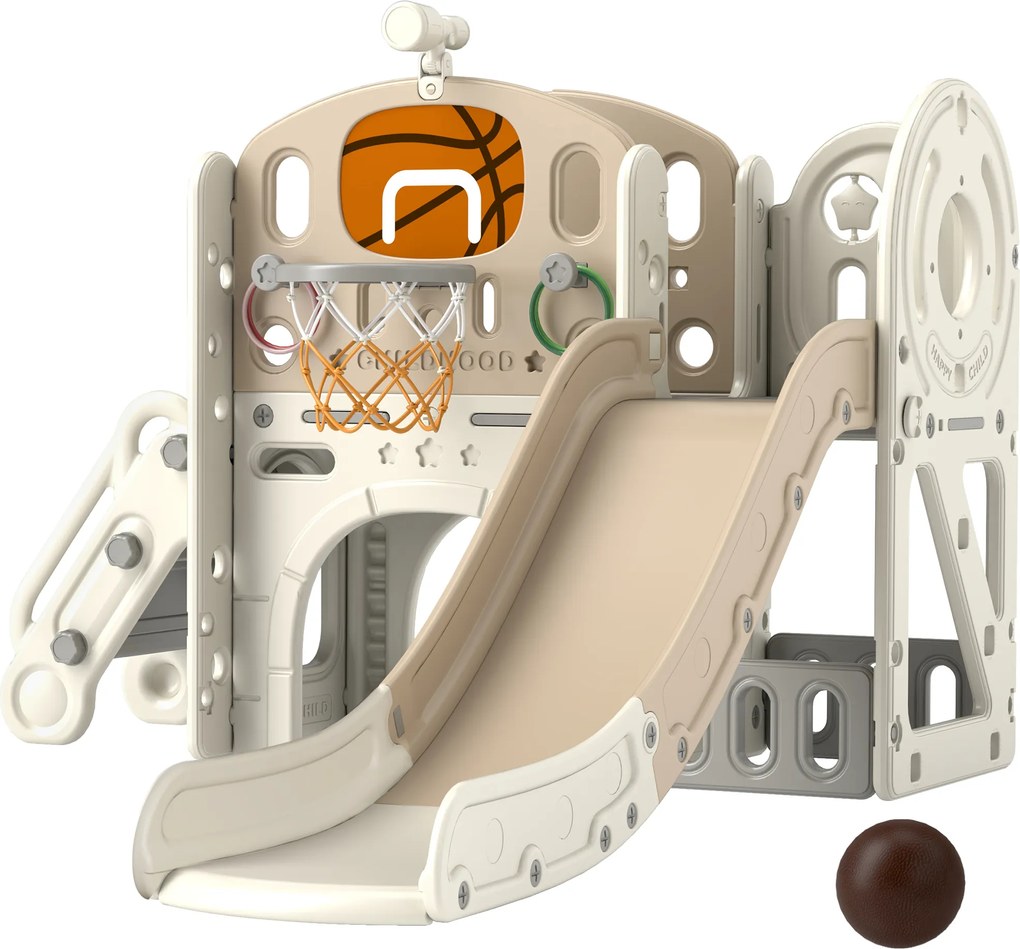 AIYAPLAY Place zabaw dla dzieci, 7-w-1 zjeżdżalnia, plac zabaw do użytku wewnętrznego z miejscem do przechowywania i tunelem do czołgania, 186x153x111 cm, Kremowy
