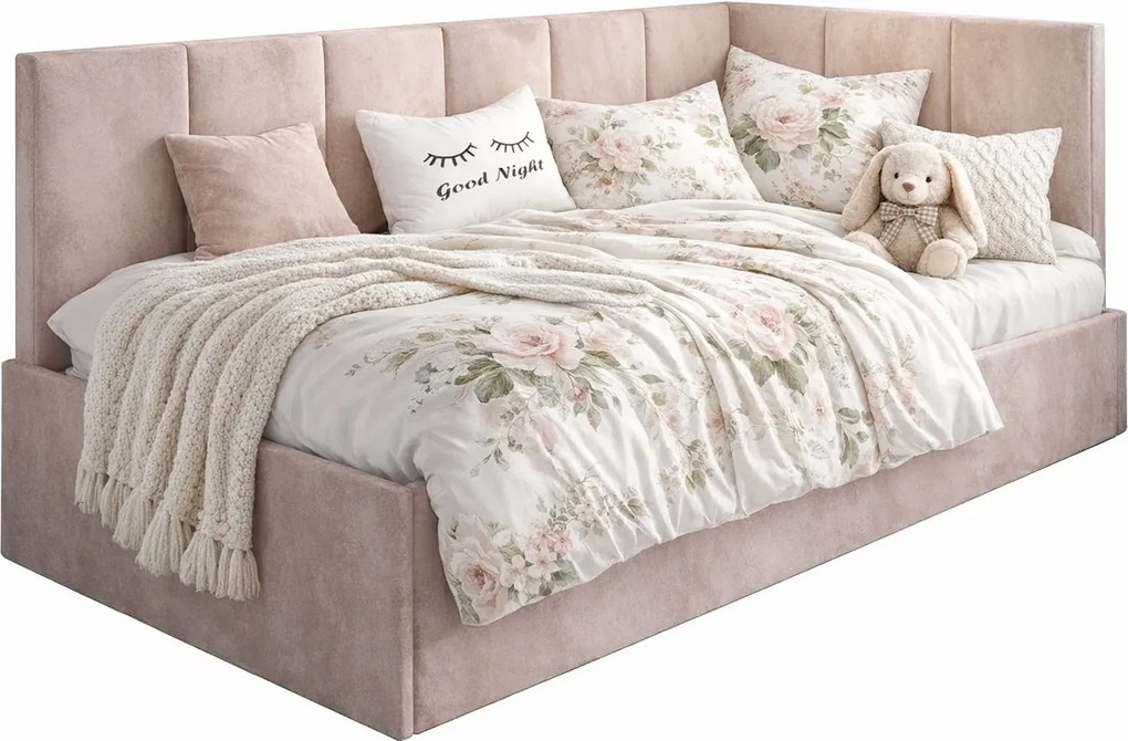 Beżowe welurowe łóżko dziecięce 90x200 N1-K13