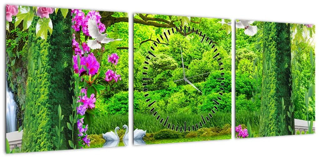 Obraz - Magiczny ogród z łabędziami (z zegarem) (90x30 cm)