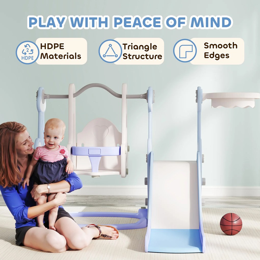 AIYAPLAY 4 w 1 Kryty plac zabaw, zestaw zjeżdżalni i huśtawki dla małych dzieci, kosz do koszykówki, design rakietowy, plastik, Jasnoniebieski