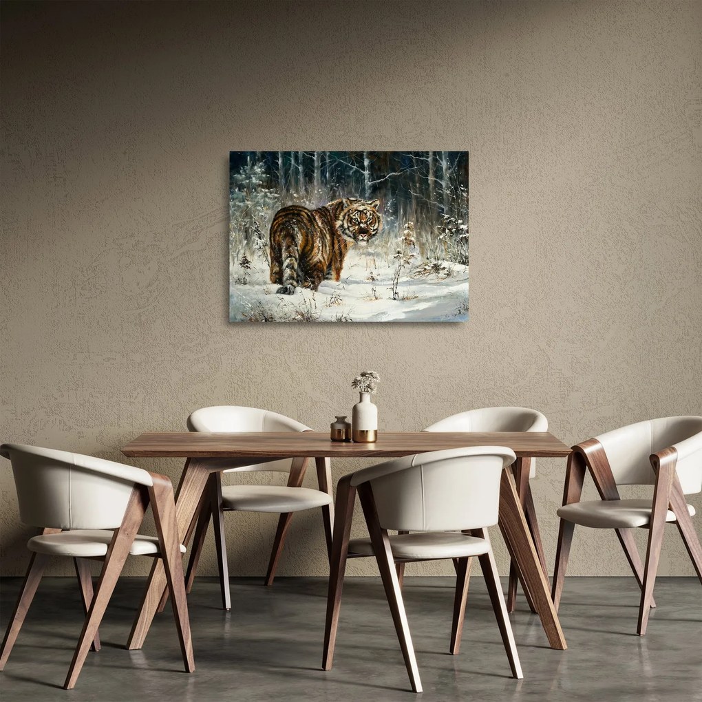 Obraz na szkle - Tygrys w zaśnieżonym lesie, obraz olejny (70x50 cm)