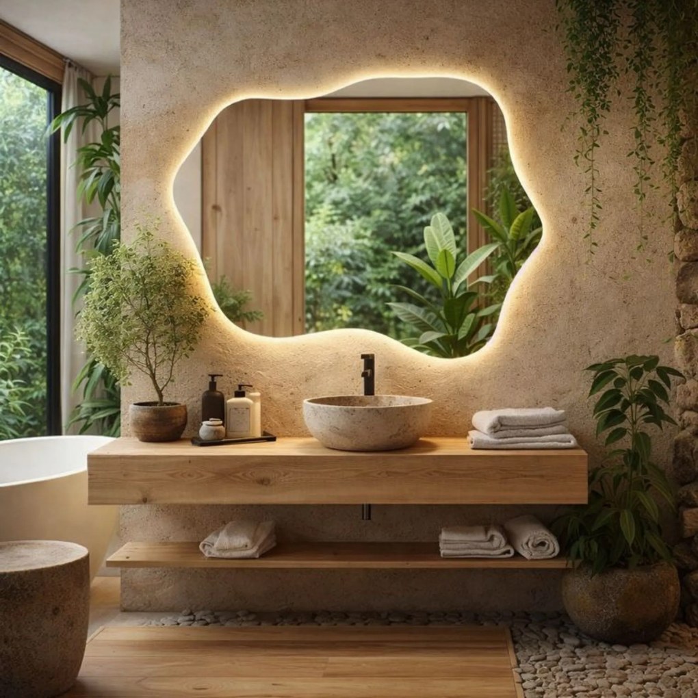 Lustro dekoracyjne o nieregularnym kształcie z podświetleniem LED FLOW NATURE | Różne rozmiary | Różne kolory : Kolor tafli szkła - Srebrny, Rozmiar - 114x89 cm