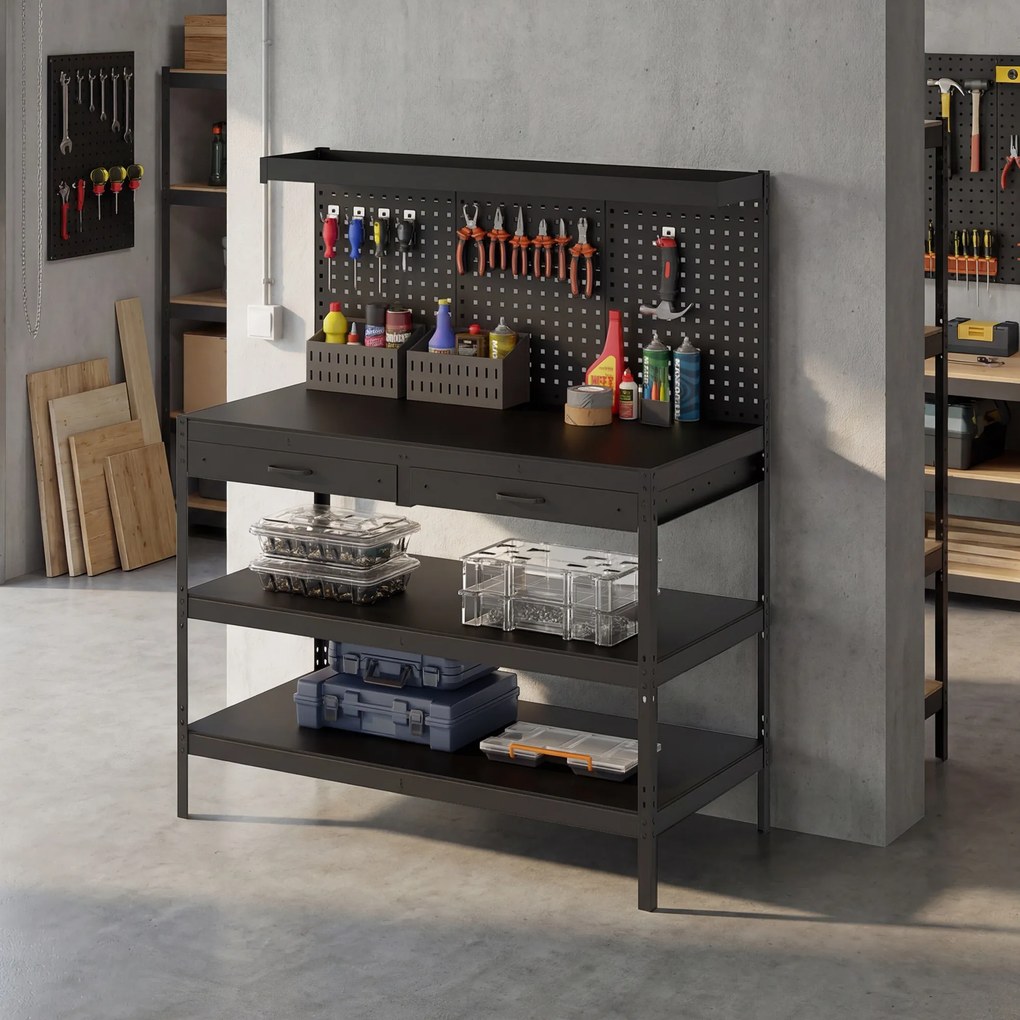 HOMCOM Stacja robocza z regulowanymi półkami, solidna stacja robocza z perforowaną płytą i 2 szufladami, 122 x 61 x 156 cm, Czarna | Aosom PL