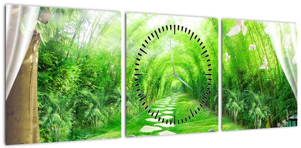 Obraz - Widok na tropikalny ogród (z zegarem) (90x30 cm)