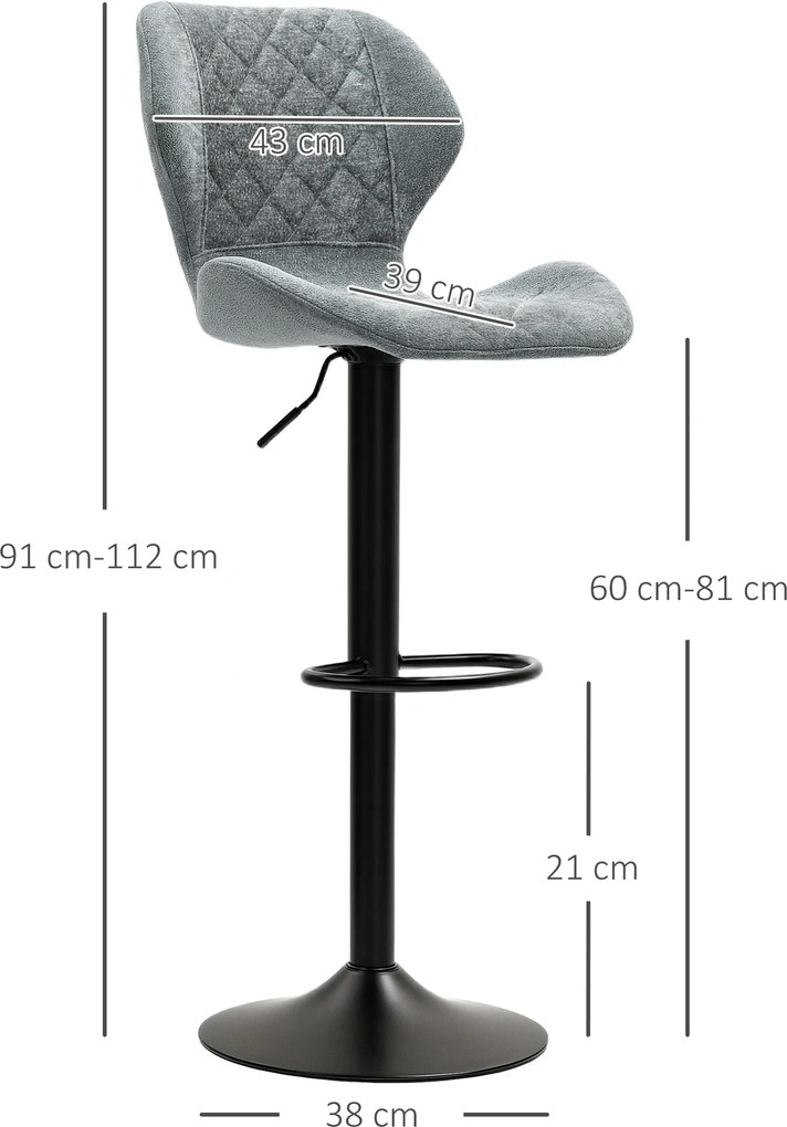 HOMCOM Hokery Barowe w Zestawie 2 szt., Regulowane Krzesła Kuchenne z Oparciem, Mechanizm Gazowy, Podnóżek, Obracane, Szary