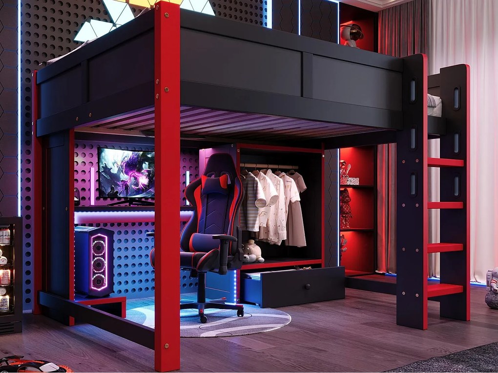 Łóżko na antresoli 140x200cm - z oświetleniem LED - z biurkiem - z drabiną i szafą - z 1 szufladą - czarny + czerwony​ (materac nie jest wliczony w cenę)
