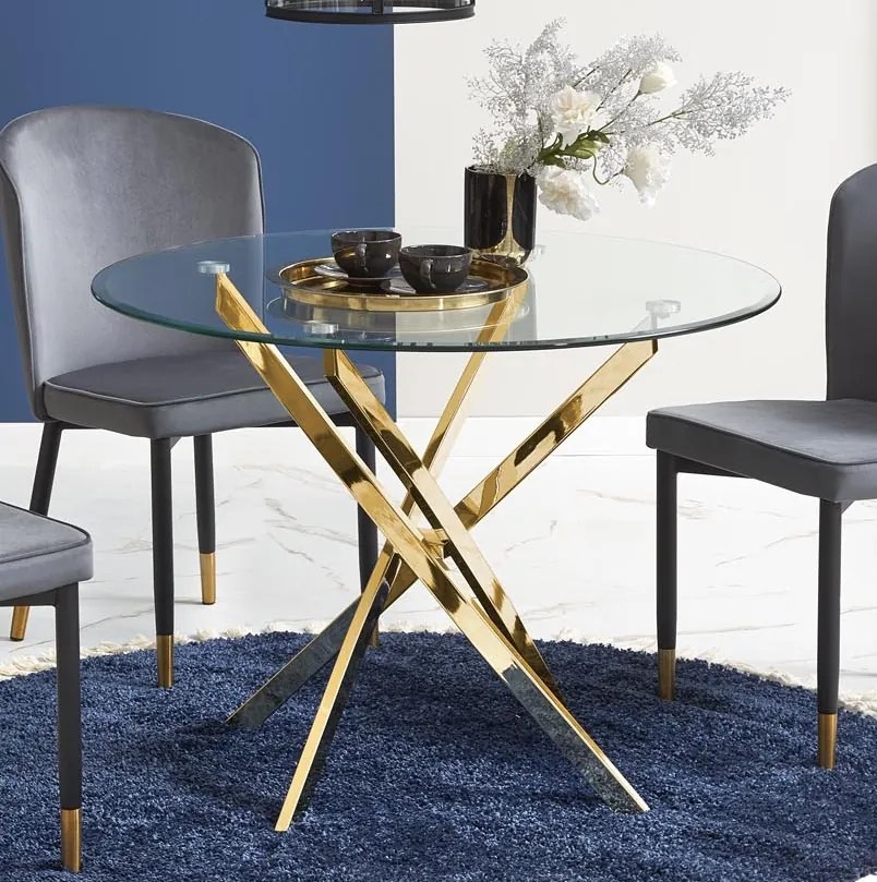 Szklany stół w stylu glamur Raymond na złotych nogach