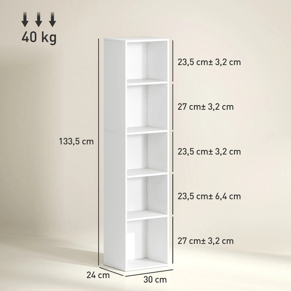 HOMCOM Regał na książki, 5 półek, regulowane półki, drewno, 30 x 24 x 133,5 cm, Biały