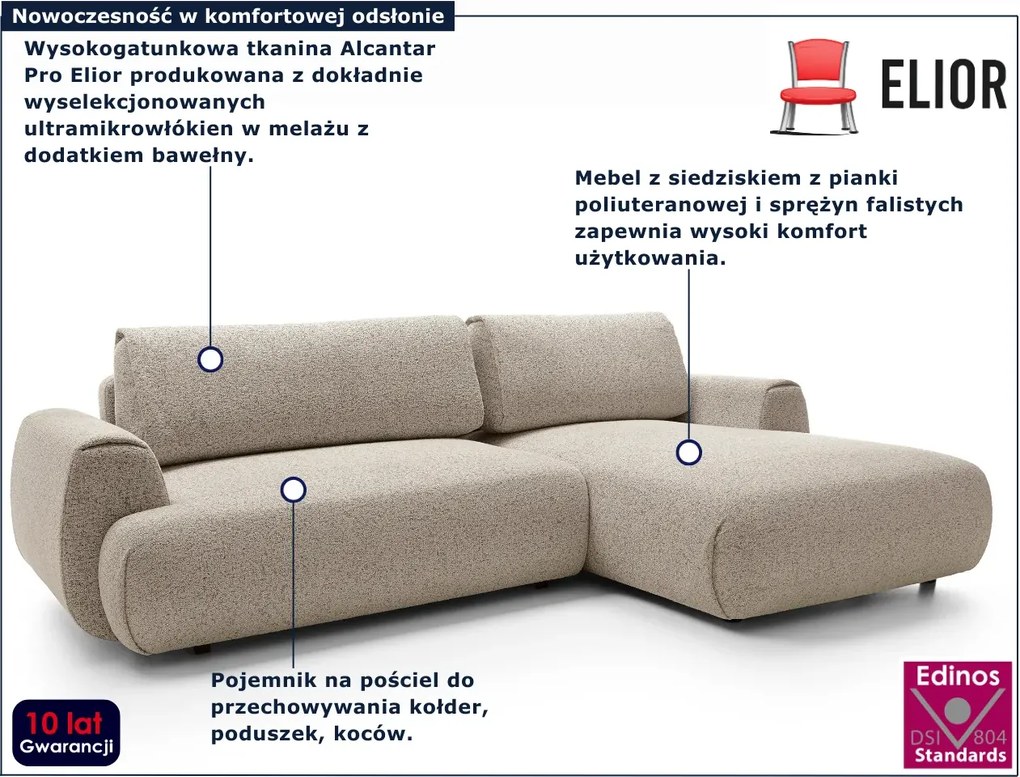 Nowoczesny narożnik rozkładany z pojemnikiem zimny beż L2-C10