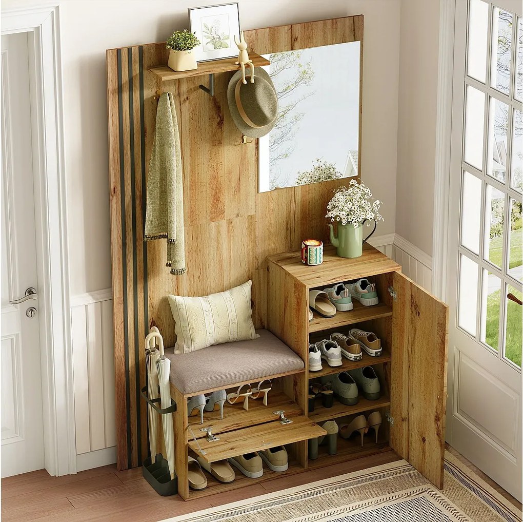 Drewniany wieszak na ubrania z ławką na buty i lustrem, stojak na parasole - do przedpokoju i wejścia