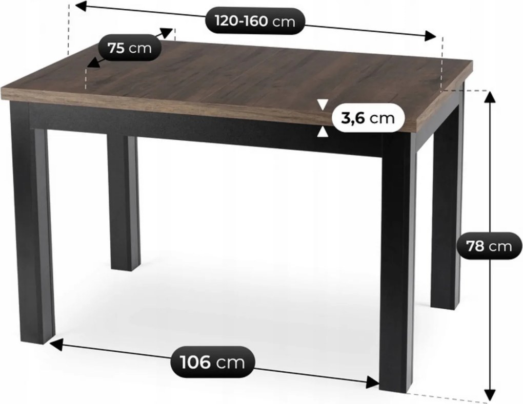 Loftowy stół rozkładany Skubi 120-160 cm, orzech/czarny