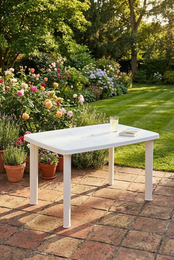 Biały stół do ogrodu z otworem na parasol Z0-G95