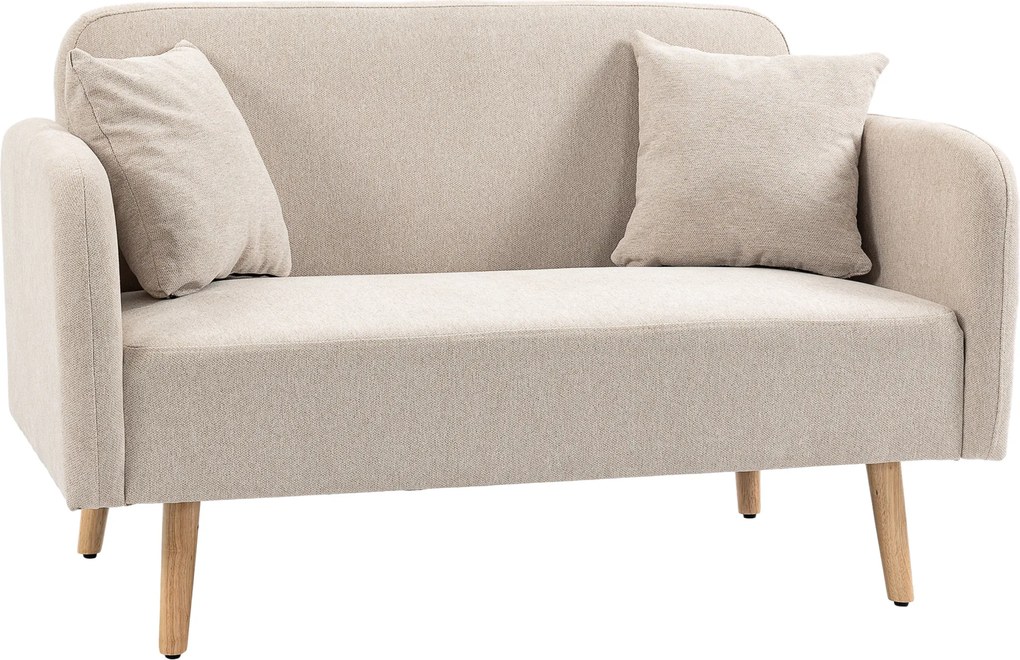 HOMCOM 2-osobowa Sofa, Design Nowoczesny, w zestawie 2 poduszki, nogi drewniane, 130 x 70 x 80 cm, Kremowy