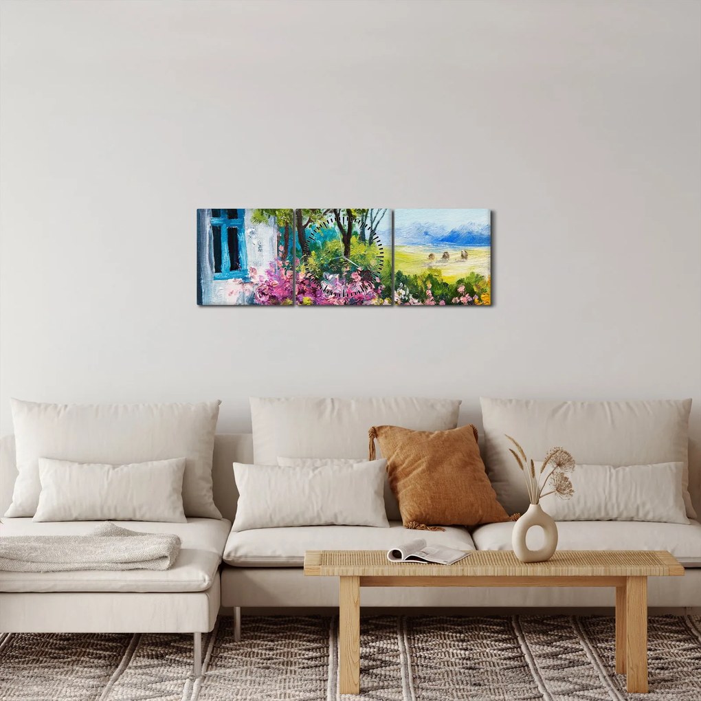 Obraz ogrodu przed domem, obraz olejny (z zegarem) (90x30 cm)