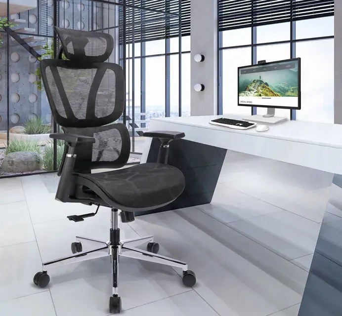 Czarny ergonomiczny fotel biurowy z zagłówkiem i podłokietnikami M3-F86