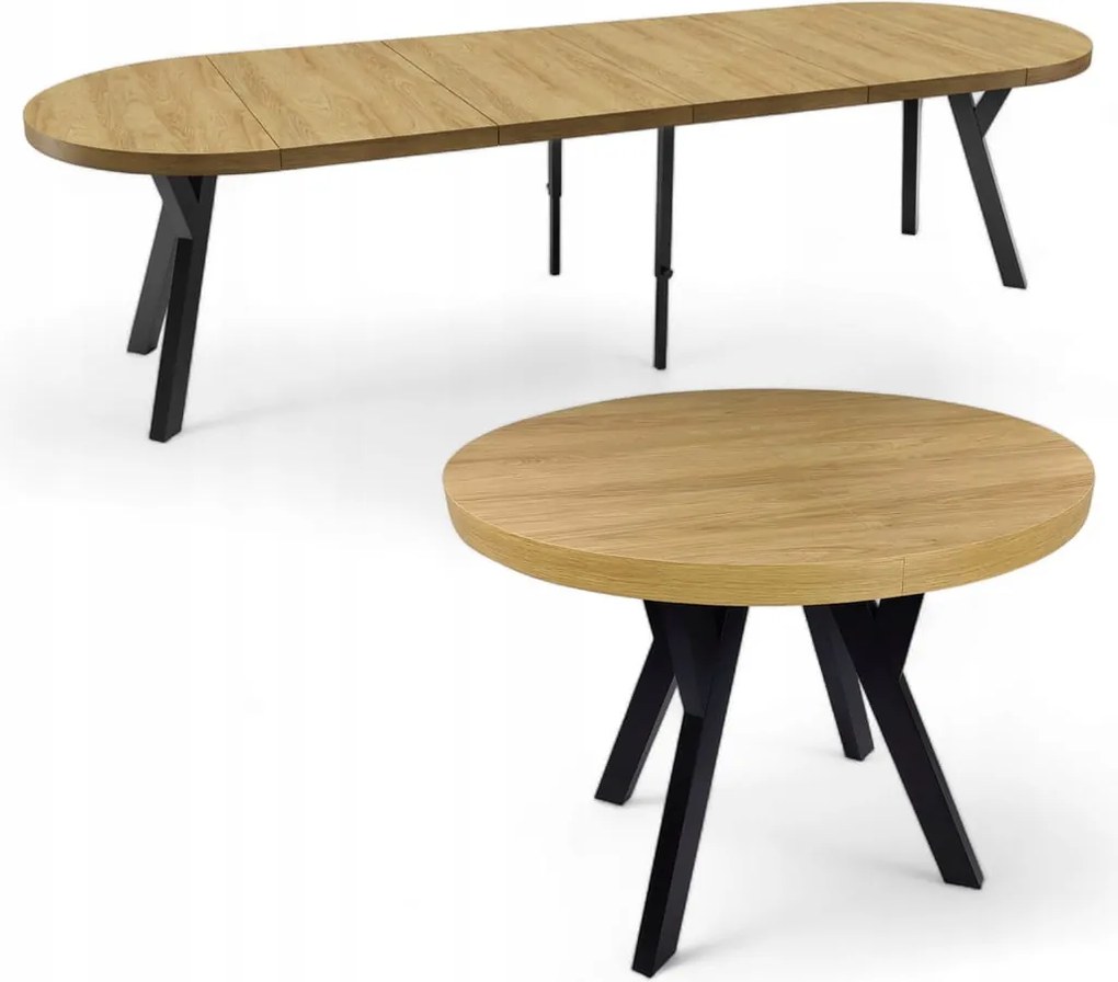 Stół solidny okrągły Czarny + DĄB HIKORA EGGER Ø110 rozkładany do 310 cm nogi Metalowe Y