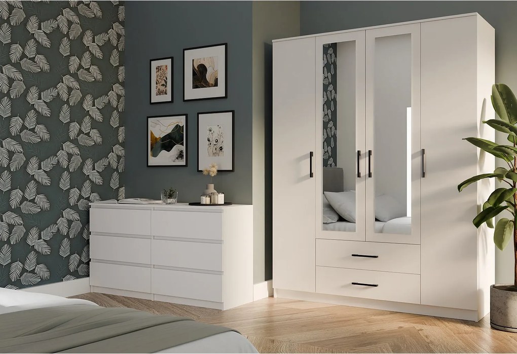 Szafa Romana 160 | Biała|  160x54x205 cm | Nowoczesna Szafa z Lustrem