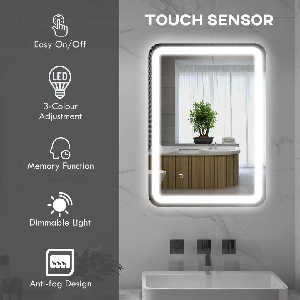 HOMCOM Lustro łazienkowe z oświetleniem LED, kontrola dotykowa, przeciwmgielne, z możliwością ściemniania, 3 kolory światła, 50x70, Srebrny