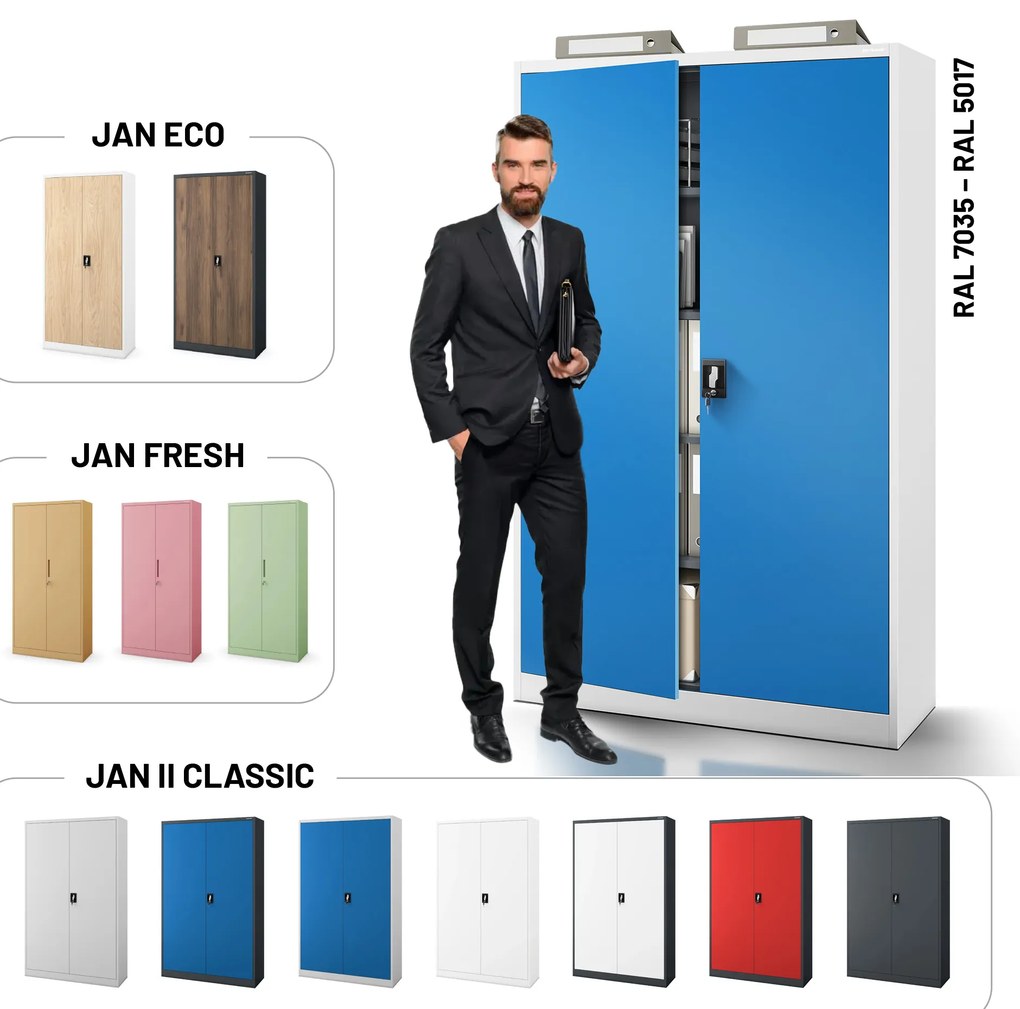 Szafa biurowa metalowa na akta szaro-niebieska JAN II, 1150 x 1850 x 400 mm