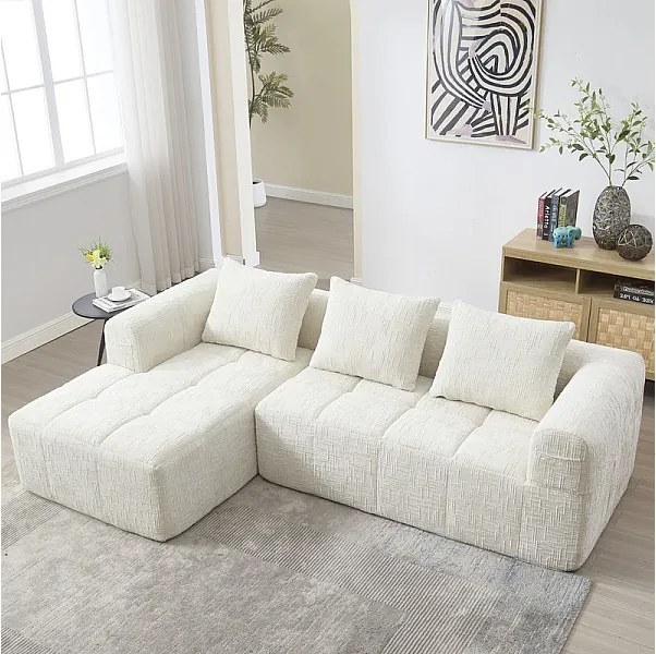 Narożna sofa rozkładana z tkaniny Chenille - 3-osobowa - z 3 poduszkami - Beżowa - 250x158x60cm