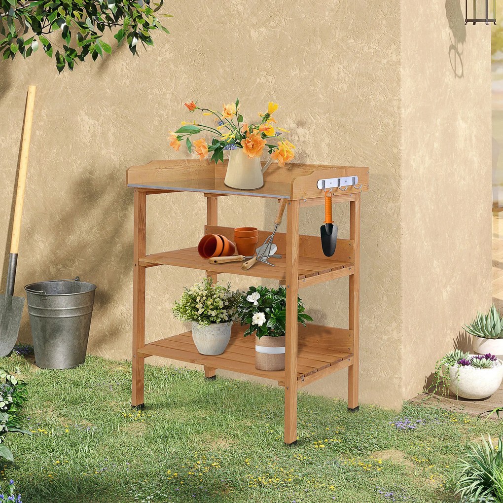 Outsunny stół do roślin z metalową powierzchnią roboczą drewno naturalne 76x37x89cm | Aosom PL