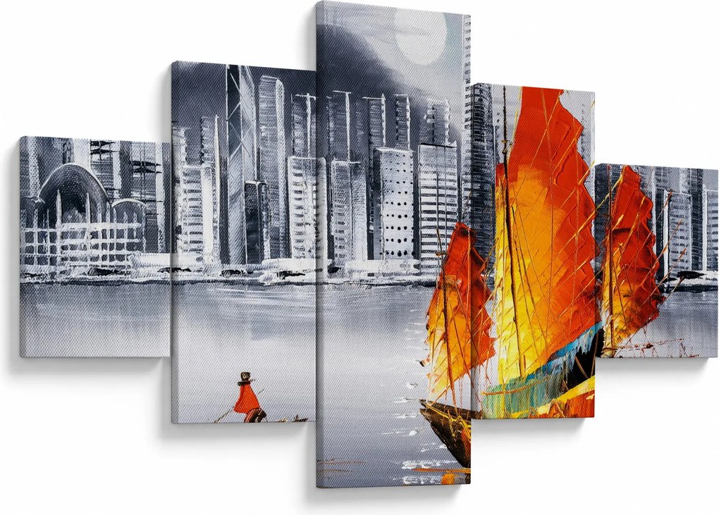 Obraz - Victoria Harbor, Hongkong, czarno-biały obraz olejny (125x70 cm)