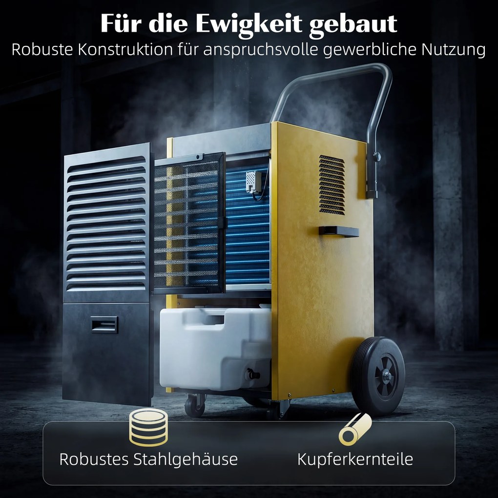 DURHAND Przemysłowy osuszacz powietrza 70L/dzień z kołami i uchwytem, wężem odpływowym, timerem 24-godzinnym, zbiornikiem 5,5L, żółty | Aosom PL