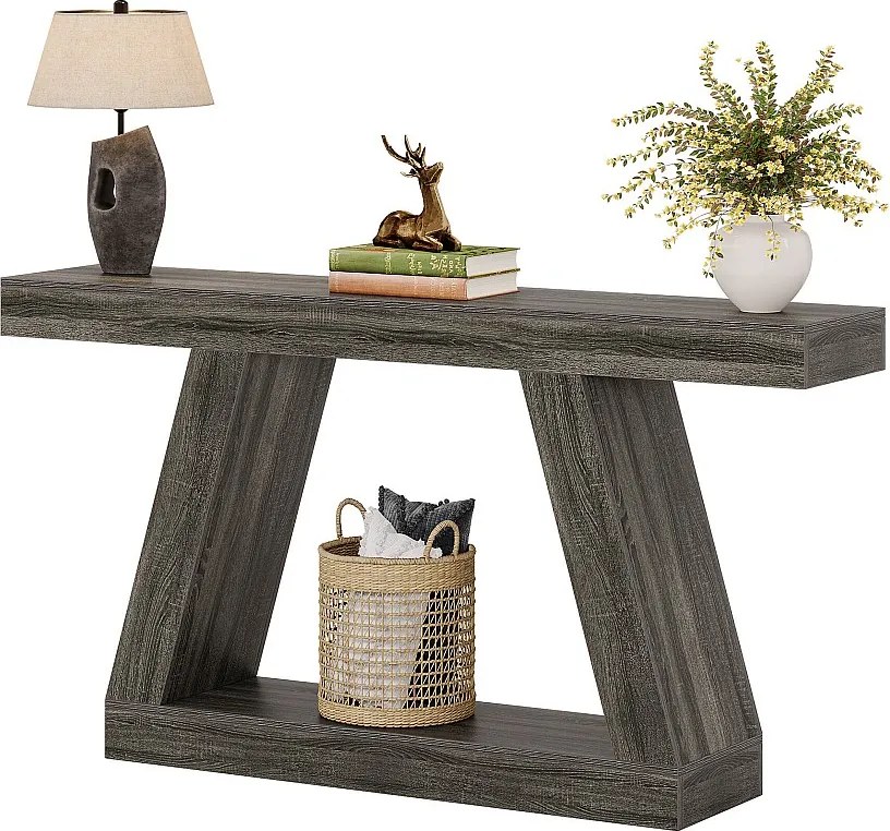 Stolik konsolowy, 140 cm, rustykalny stolik kawowy ze schowkiem, stolik do przedpokoju, salonu, szary