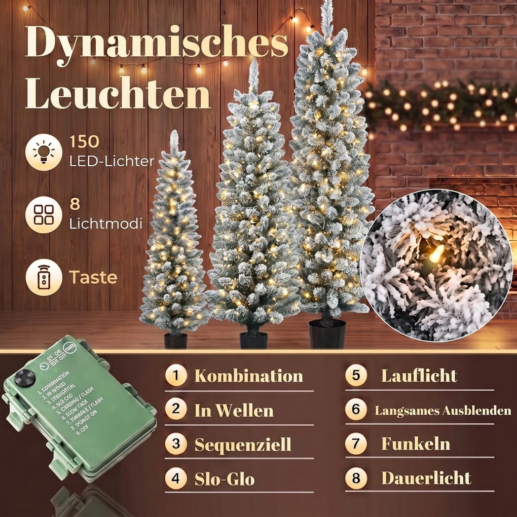 HOMCOM Zestaw 3 ośnieżonych choinek LED, wąskie, z gałązkami z PVC, 90/120/150 cm | Aosom PL