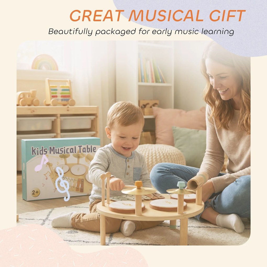 AIYAPLAY Zestaw Instrumentów Muzycznych 4-w-1 dla Dzieci z Bębnami, Ksylofonem i Perkusją – Montessori Zabawka Edukacyjna dla Dzieci od 2 Lat | Aosom PL