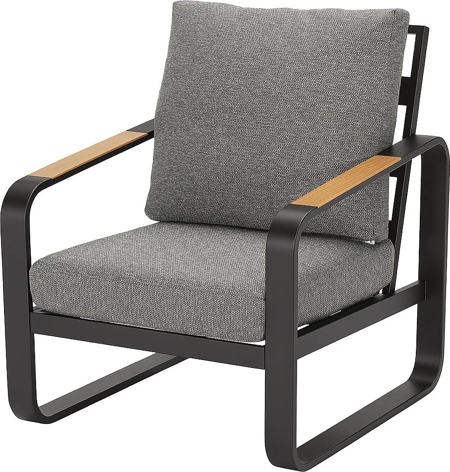 Czarny aluminiowy fotel ogrodowy z szarymi poduszkami